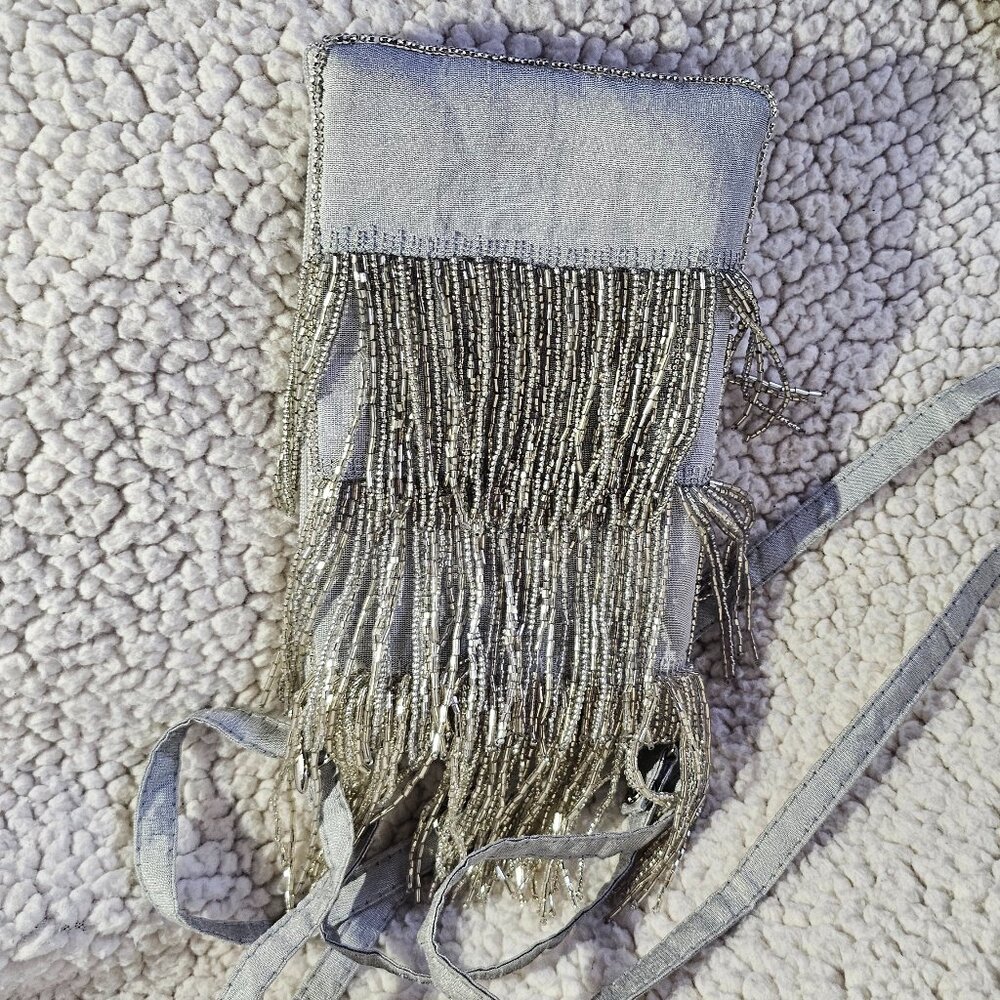 Bamboo Trading Co Beaded Fringe Club Bag – Silver, Wristlet, Handmade, 6″ Wide